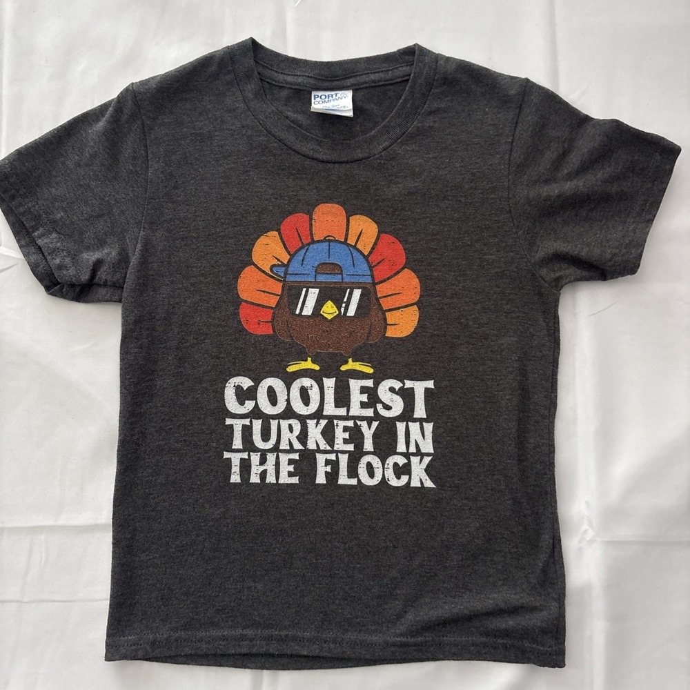 Port Company Youth Thanksgiving Shirt Size XS Grey Cool Turkey Graphic Tee